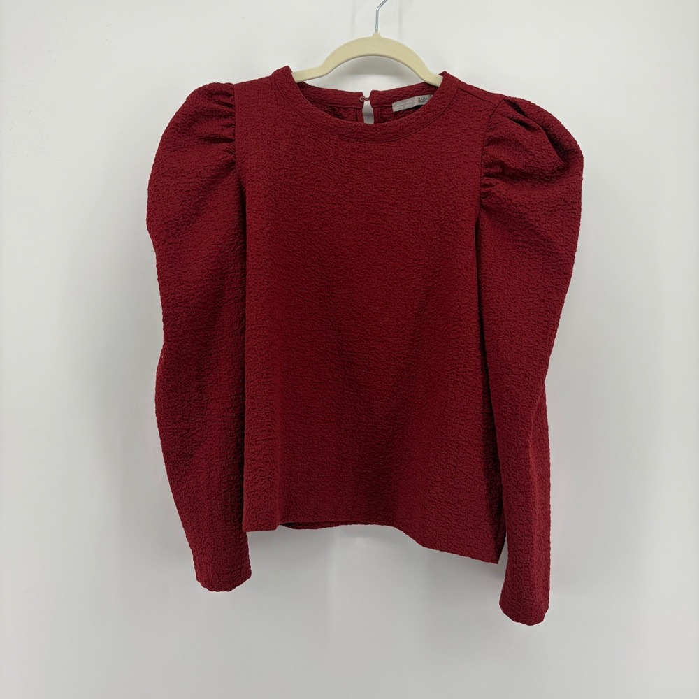 Zara Womens Medium Burgundy Textured Puff Shoulder Blouse Long Sleeve Blouse